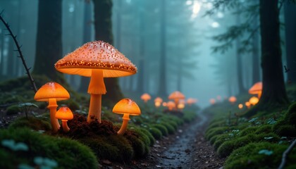 Fototapeta premium Glowing mushrooms illuminate misty forest path. Fantasy scene with glowing mushrooms in misty forest. Magic, mystical atmosphere. Nature, light show. Luminescent fungi in woodland environment. Scenic