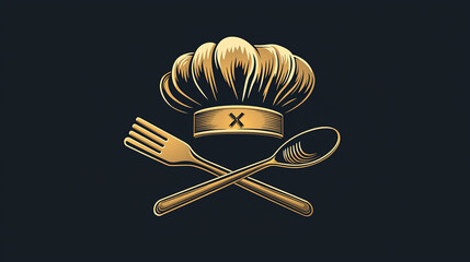 Golden chef hat logo with crossed fork and spoon for restaurant branding