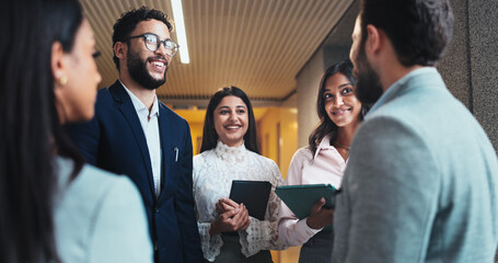 Discussion, happy or business people in lobby for project, schedule update or conference hall...