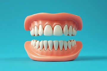 Obraz premium A surreal and humorous illustration of dentures appearing to levitate against a solid turquoise background, adding an element of whimsy to the image