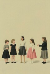 Obraz premium Five young girls in various dresses stand together, seemingly engaged in conversation or a moment of shared experience.