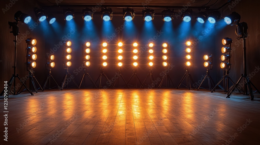 Poster dramatic stage lighting setup with warm lights illuminating an empty wooden floor in a performance s