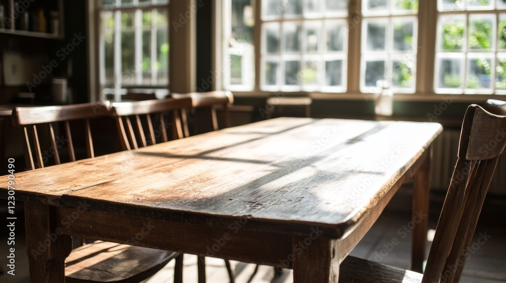 Wall mural Sunlit rustic wooden table with chairs in a room.