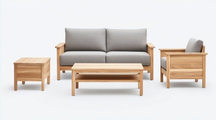 Fototapeta premium Modern Wooden Furniture Set with Sofa, Armchair, Coffee Table, and Side Table in Minimalist Design