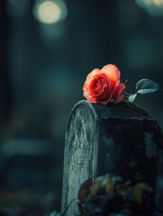 Cemetery rose remembrance, somber background, grief