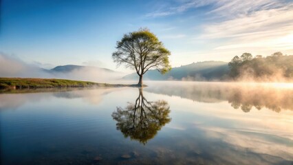 Lone tree stands alone on a serene hill overlooking a still lake in the misty morning, calm, serenity,  calm, serenity, landscape