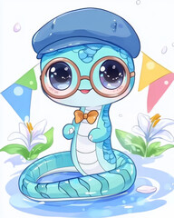 Cute cartoon snake character wearing glasses and hat, surrounded by flowers and colorful flags, exuding cheerful vibe. Perfect for children illustrations or playful designs