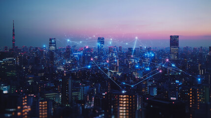 Fototapeta premium Smart digital Innovation city with connection network reciprocity over the cityscape. of future smart wireless digital city and social media networking systems that connects people with in city