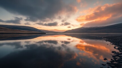Fototapeta premium Serene Sunset Reflection on Calm Highland Loch - Scotland