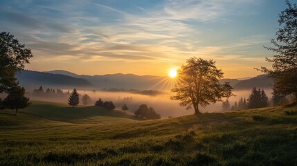 Sunrise Over Misty Mountain Valley, Serene Landscape, Peaceful Dawn