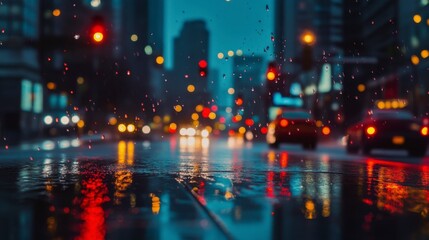Naklejka premium Rainy Night Cityscape Reflections - Urban Night Mood