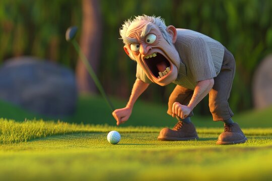 An elderly cartoon golfer is about to take a tough shot