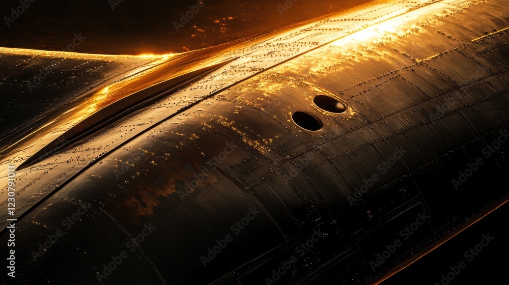 Poster airplane wing gleaming under the warm glow of a sunset in the evening sky. generative ai