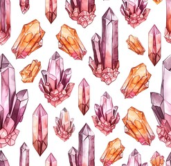Seamless watercolor pattern with crystals, gemstones, branches, and mineral elements in pink, orange, and dark tones on a white background. Mystical bohemian design for textiles, wallpapers, and decor