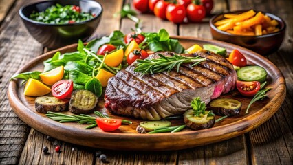Sizzling grilled steak with roasted vegetables and fresh greens salad on a wooden table, grill, vegetable,  grill, vegetable, salad