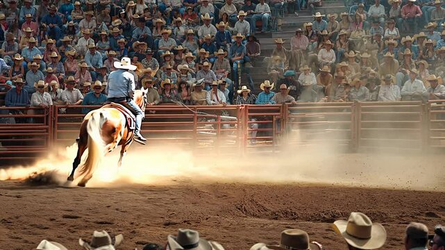 The rodeo arena buzzes with energy as skilled cowboys display their talents on horseback. Dust flies and the crowd cheers, creating a thrilling atmosphere of excitement and competition.