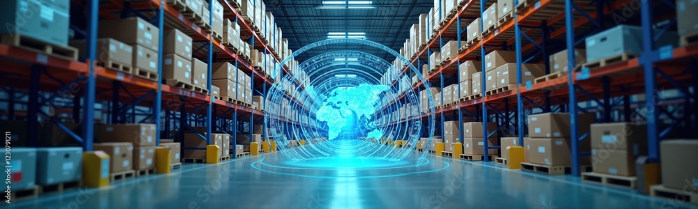 Poster warehouse full of cardboard boxes. modern tech controls global inventory management. holographic wor