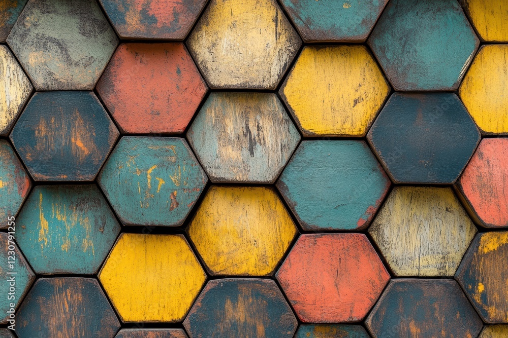 Poster colorful hexagonal pattern created with textured wooden panels in a vibrant arrangement
