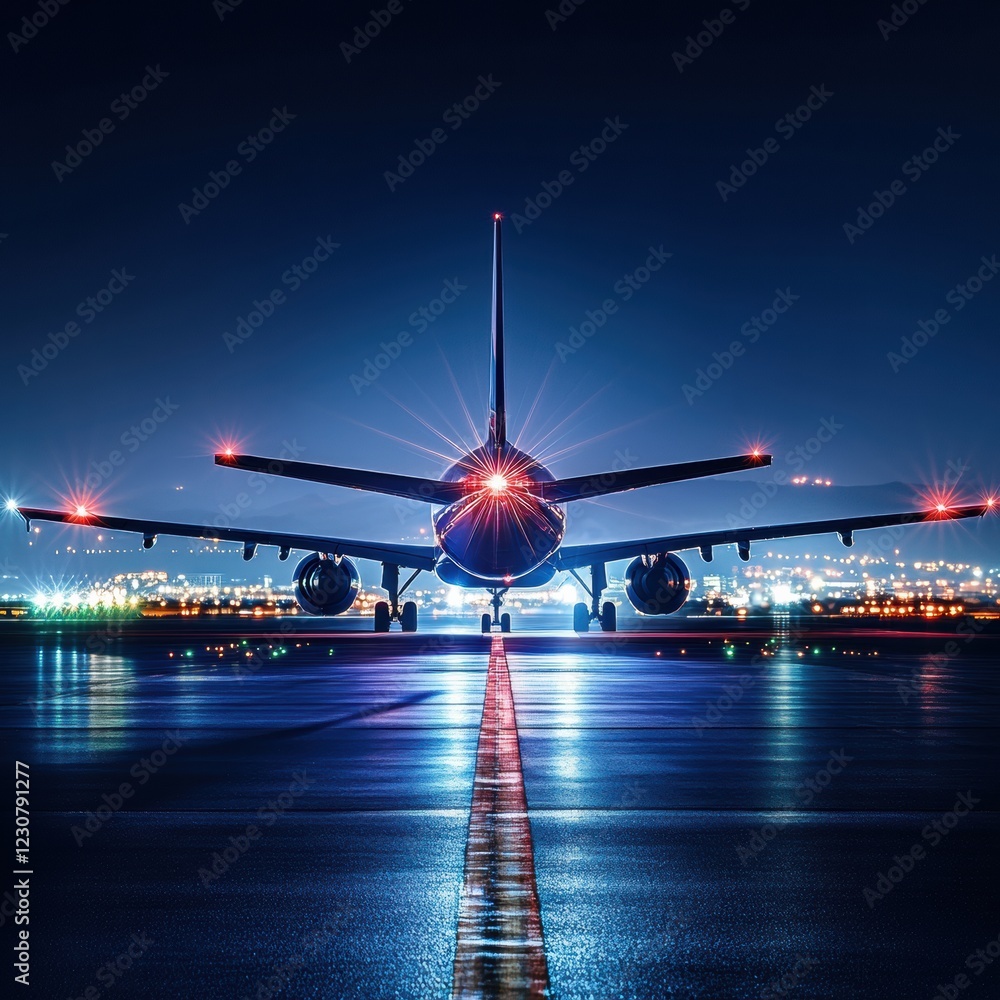 Aufkleber airplane preparing for takeoff on illuminated runway at night surrounded by vibrant navigation light