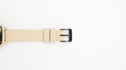 Pink rubber watch strap isolated on white background.Black metal strap and clasp.Copy space for text.For graphic design or banner background