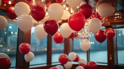 Festive Decor on a River Cruise for Valentine's Day with Red and White Balloons -