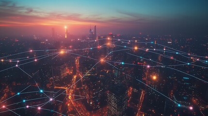 Obraz premium Smart digital Innovation city with connection network reciprocity over the cityscape. of future smart wireless digital city and social media networking systems that connects people with in city