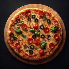 Tomato and Sweet Pizza with Green Leaves and Black Olives