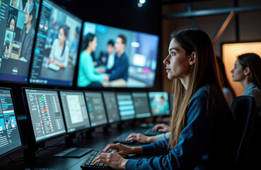 Young woman operates broadcast tech equipment in modern studio. Works in live tv broadcast control room. Focus on pro operation. Several monitors display live video feeds. Team of media tech pros