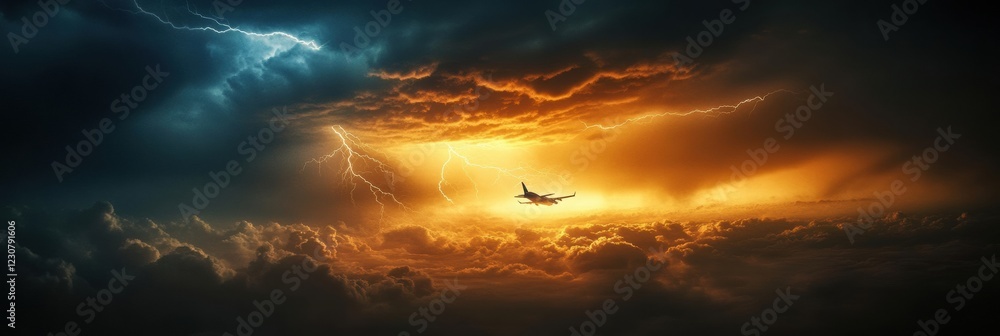Poster airplane navigates through turbulent stormy clouds illuminated by flashes of lightning at dusk. gene