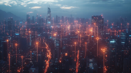 Fototapeta premium Smart digital Innovation city with connection network reciprocity over the cityscape. of future smart wireless digital city and social media networking systems that connects people with in city
