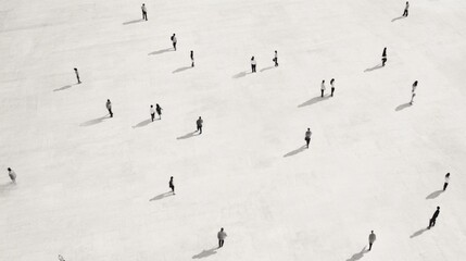 Aerial view of many people sparsely scattered on a large, light-grey surface.