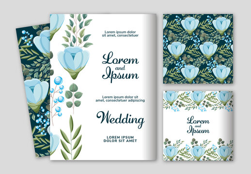 Blue and Green Floral Wedding Invitation Set