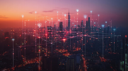 Fototapeta premium Smart digital Innovation city with connection network reciprocity over the cityscape. of future smart wireless digital city and social media networking systems that connects people with in city