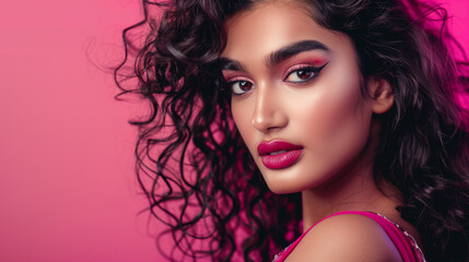 Naklejka premium Indian woman in national dress in bright colors, with makeup and beautiful hairstyle