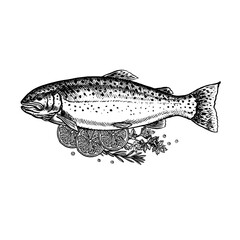 Trout with lemon and herbs. A hand-drawn vector graphic illustration. Black and white image of seafood. Separate from the background. Perfect for menus, recipe books, packages, labels, invitations.