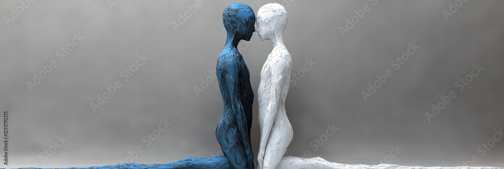 Poster artistic expression of duality through contrasting black and white figures in an abstract setting
