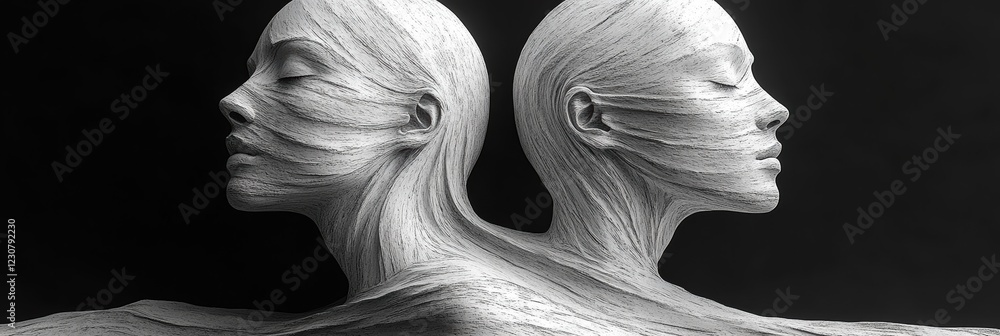 Poster black and white artistic portrayal of figures with flowing lines expressing unity and connection