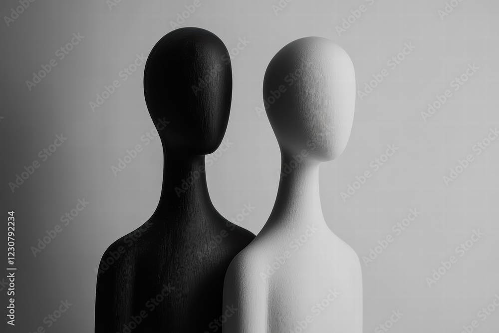 Poster contrasting figures highlight the interplay of light and shadow in a minimalist setting