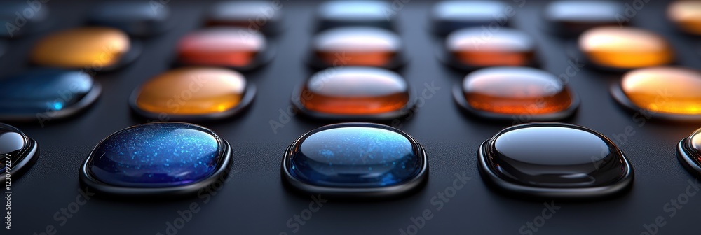 Poster mobile application buttons displayed in various colors and designs for user interface