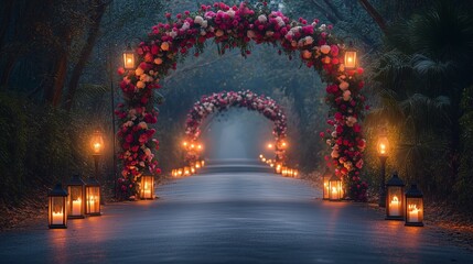 Romantic Valentine's Day Setting on a Secluded Road with Lanterns and Floral Arches -