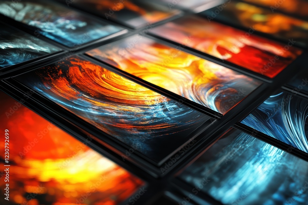 Poster abstract design layout for a colorful calendar featuring dynamic swirling patterns and textures