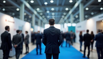 Business people walk in exhibition hall. Busy event with lots of attendees. Crowd moves around. Modern architecture. Corporate event. International networking. Product presentations. Suit-wearing