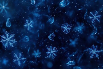 Dark blue background features decorative light blue snowflakes floating throughout the scene