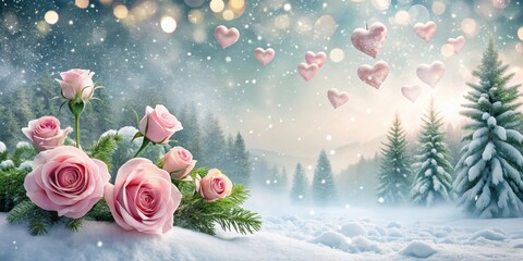 Soft pink roses falling gently on a snowy landscape surrounded by tall evergreen trees with twinkling lights and heart-shaped snowflakes falling from the sky , hearts, holiday