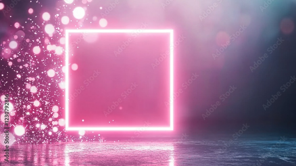 Poster glowing neon square frame in abstract studio lighting effects creating radiant futuristic digital ar