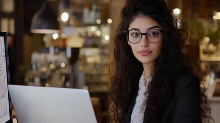 Businesswoman Working in Coffee Shop with Confidence
