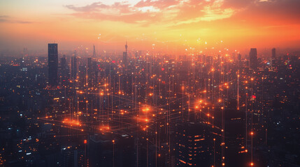 Obraz premium Smart digital Innovation city with connection network reciprocity over the cityscape. of future smart wireless digital city and social media networking systems that connects people with in city