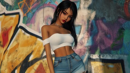 Naklejka premium Young Woman Posing Against Vibrant Graffiti Wall