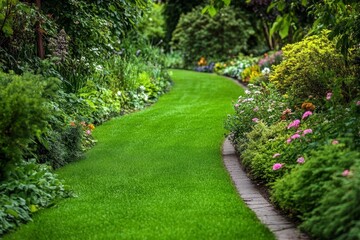 Obraz premium A clean exterior stands out against the backdrop of a lush green grass yard, where springtime trees in bloom and colorful flowering bushes add to the serene scene.