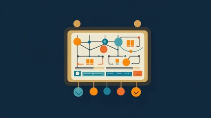 A business operations project board with workflow efficiency charts on a dark cyan background.